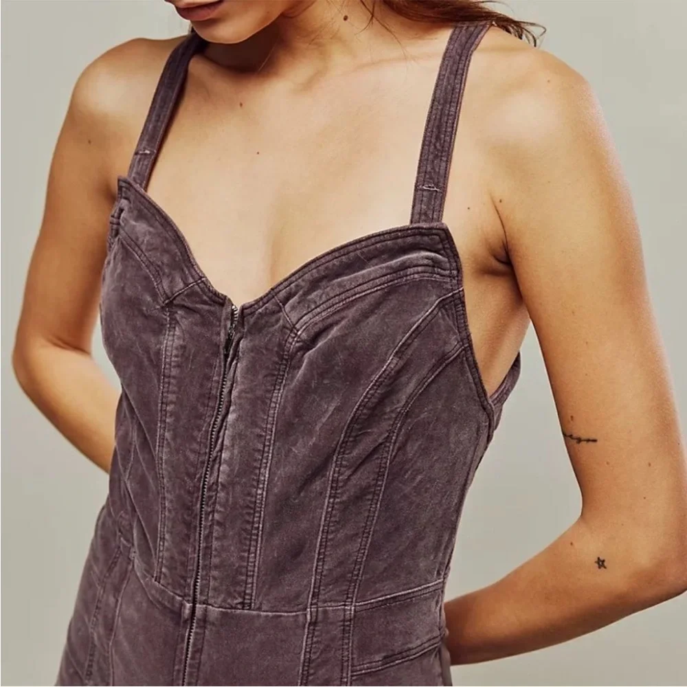 Free People How Low One-Piece Purple Velvet Overalls Vintage Style Low Back 4